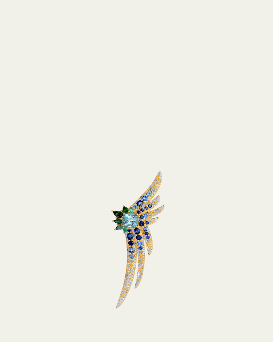 18K Yellow Gold Pssaro Lapel Pin with Diamonds and Multi Gemstones